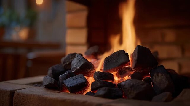 Charcoal resting in a fireplace as embers glow softly, minimal composition highlighting texture, heat, and the slow rhythm of fire. cinematic color correction, natural uneven lighting yet gentle
