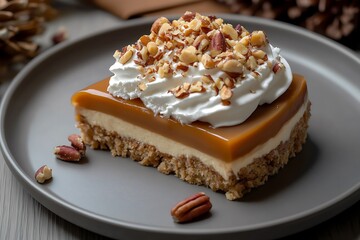A luscious slice of caramel dessert topped with whipped cream and nuts, showcased on a gray plate, inviting indulgence and satisfaction.