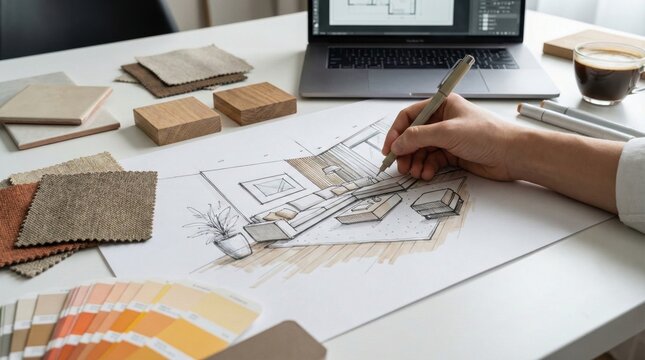 Interior designer sketching modern living room concept on paper,with fabric swatches,wood samples,and digital floor plan on laptop for creative home renovation ideas