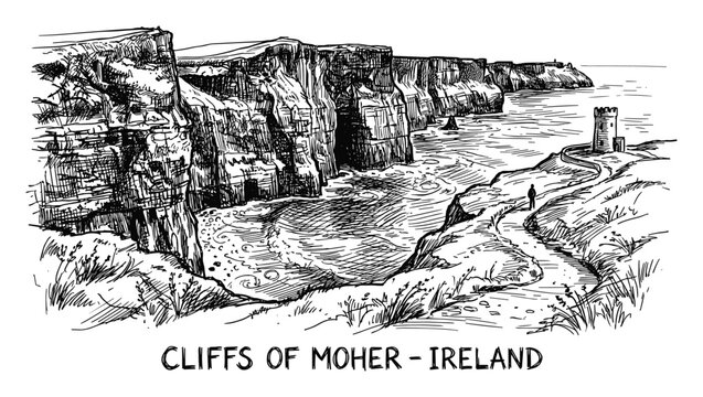 Hand drawn Cliffs of Moher, Ireland. Tourist destination with the cliffs, tower and ocean. Irish landscape sketch.