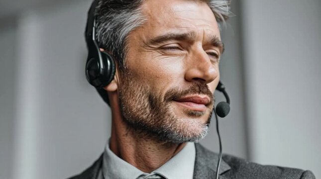 A tech support representative wearing a headset, listening intently, nodding slightly, and making authentic facial expressions