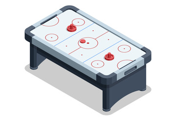 Air Hockey Table. Isometric air hockey table with puck and mallets. Arcade sport game equipment isolated on white background. Modern leisure and entertainment concept in clean vector style.