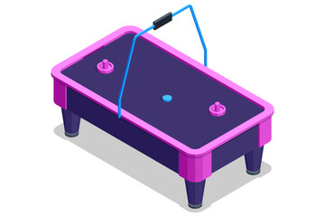 Air Hockey Table. Isometric neon air hockey table with puck and mallets. Arcade game furniture in bright colors, modern entertainment concept isolated on white background.