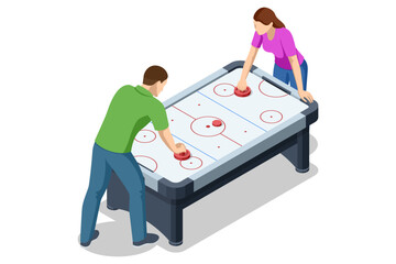 Air Hockey Table. Isometric air hockey game with two players competing at arcade table. Indoor leisure activity, sport entertainment concept isolated on white background.