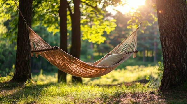 A peaceful hammock swinging gently between trees on a sunny afternoon symbolizing pure idleness and relaxation
