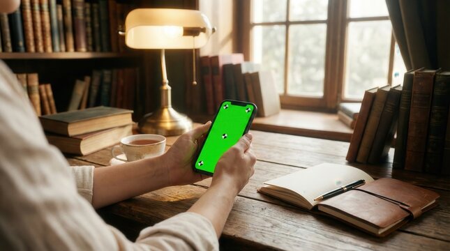 Woman using smartphone with green screen mockup in cozy vintage library,tea cup and notebook on wooden desk for creative or academic work - Powered by Adobe