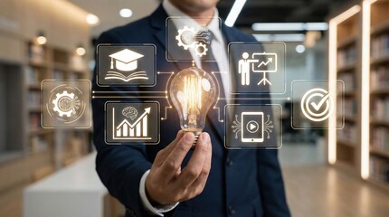 Businessman holding light bulb with futuristic business and education icons,innovation and learning technology concept in corporate environment
