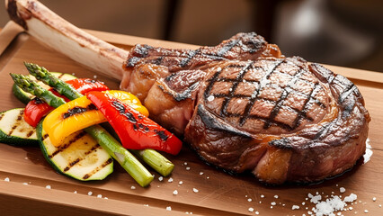 Perfectly Cooked Tomahawk Steak on Wooden Board 