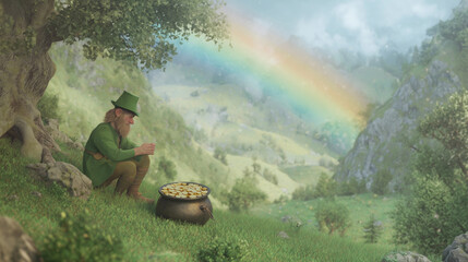 Elder White Leprechaun Seated Beneath Ancient Oak Near Rainbow, Contemplative Pose With Pot Of Gold, Rustic Hillside, Quiet Pastoral Saint Patrick's Day