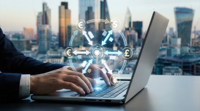 Global financial technology concept with businessman typing on laptop and currency exchange symbols overlay,international digital economy - Powered by Adobe