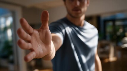 Human reaching out gesture captured mid motion, open hand symbolizing support, contact, reassurance, and emotional availability. cinematic color correction, natural uneven lighting yet gentle