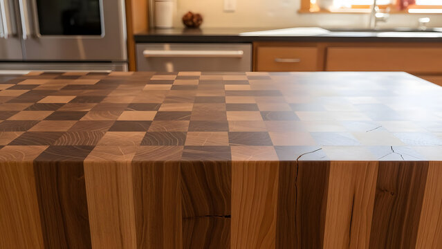 Close-up of a butcher block kitchen island countertop with a checkerboard pattern of dark and light wood, showcasing wood grain and a small crack.