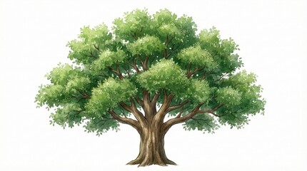 Hand drawn watercolor illustration of a lush green tree with full foliage on white background, representing nature, growth, and eco-friendly concepts