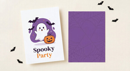 Cute Halloween party invitation set with a friendly ghost, carved pumpkin, and bats. Features a "Spooky Party" greeting and matching purple spiderweb background for kids' holiday celebrations.