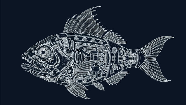 Mechanical Fish Illustration, Robotic Sea Creature Design