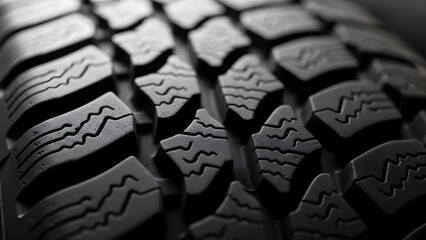 Close-up of a dark gray, textured tire tread pattern with sharp edges and wavy grooves, highlighting grip and traction in a macro shot.