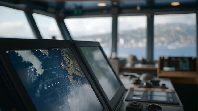 Maritime radar screen aboard a ship displaying nearby vessels and coastlines, representing navigation safety and collision avoidance at sea. cinematic color correction, natural uneven lighting yet