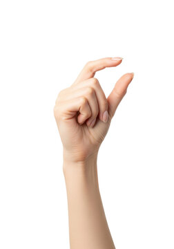 Flawless caucasian female hand and lower wrist with nude polished nails, executing a precise pinching gesture, isolated on a transparent infinity background with copy space. Clinically clean