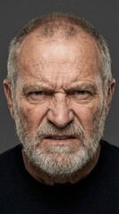 Obraz premium A powerful and raw close-up portrait capturing the intense and angry scowl of an elderly man, his weathered face filled with profound emotion and a fierce determination