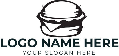 Black and white sandwich logo vector with layered bun, lettuce, and cheese for food or restaurant branding