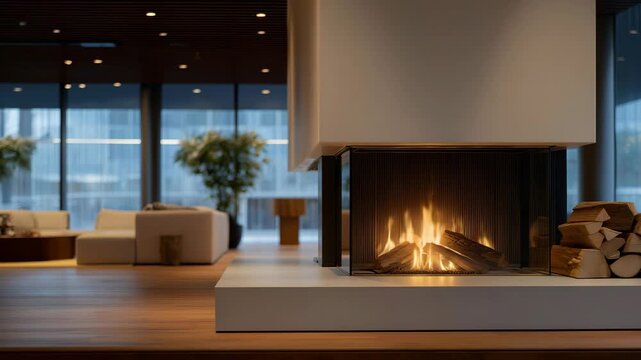 Modern fireplace design with linear flames and clean materials, integrated into a bright interior, conveying calm, functionality, and modern home luxury. cinematic color correction, natural uneven