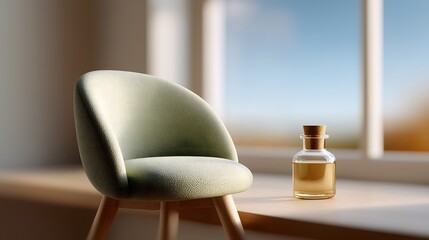An inviting scene of serene stillness, with an elegant chair beside a window with a glass bottle. Evoking a sense of comfort. 