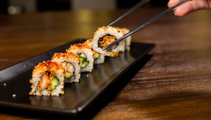 Delicious sushi roll being picked up with chopsticks, showcasing fresh ingredients and a delectable presentation on a black plate