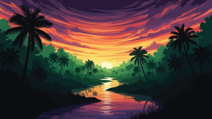 Tropical jungle landscape with palm trees at sunset