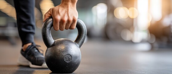 Close-up of young man's hands gripping a kettlebell in a gym with blurred fitness equipment in background showing person performing squats