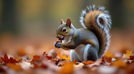 Fototapeta premium A squirrel eats a nut among autumn leaves. Cute wildlife in the forest.