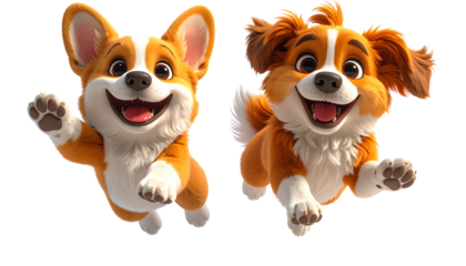  3D Cartoon Dog Jumping Duo isolated on transparent background