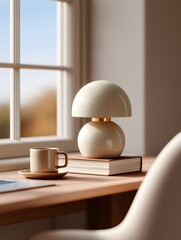 A cozy study nook is bathed in the warm morning light, showcasing a modern lamp, cup, and book arranged on a wooden desk. Capturing the sense of calm.