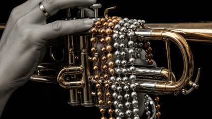 A hand adorned with jewelry holding a trumpet embellished with metallic beads against a dark background