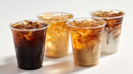 The Iced Coffee Cups Display Featuring Four Refreshing Cold Brew and Iced Latte Variations