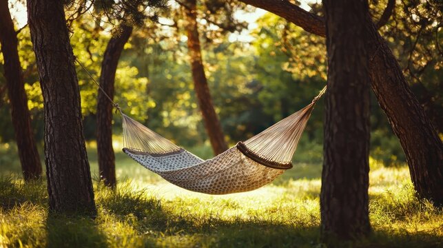 A peaceful hammock swinging gently between trees on a sunny afternoon symbolizing pure idleness and relaxation