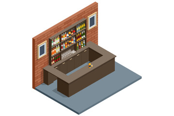 Bar Counter. Isometric bar interior with counter, bottles and glasses. Nightlife and hospitality concept in modern vector style isolated on white background.