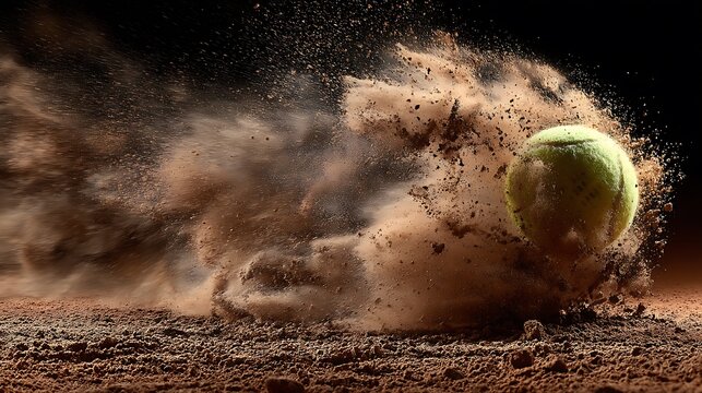 A dynamic shot of a tennis ball falling on a clay court with a dirt splash, evoking the thrill and intensity of competitive tennis.
