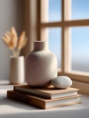 Still-life composition of a vase, books, and pebble near a sunlit window creating a peaceful and inspiring interior scene. 
