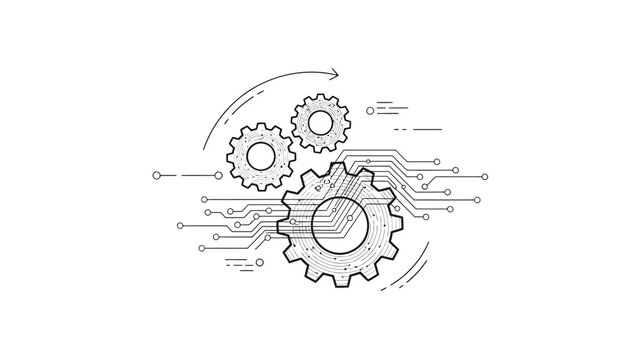 A detailed line illustration representing artificial intelligence and automation concepts through interconnected gears, circuits, and digital elements. The design symbolizes machine learning, smart sy