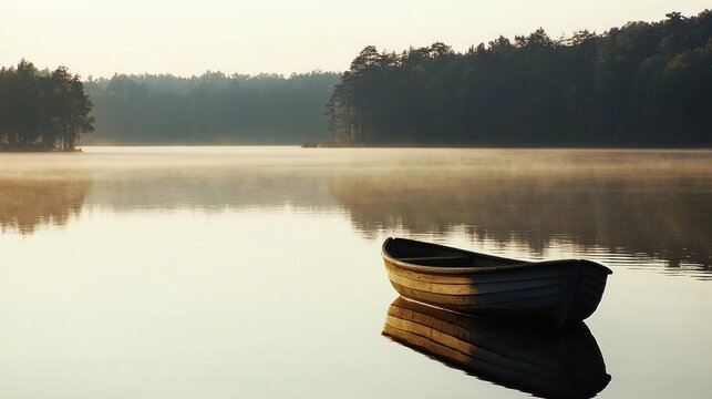 A serene lakeside scene with a lone boat drifting slowly on calm water evoking the feeling of idleness