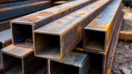 Close-up of rusted steel rectangular tubes stacked together. The surface shows signs of wear and corrosion, highlighting industrial materials.