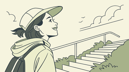 Young woman with backpack standing on staircase outdoors.