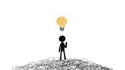 Creative idea concept with chalk character and glowing lightbulb on transparent background. Minimalist hand drawn black silhouette. "Eureka" moment, inspiration, and successful problem-solving.