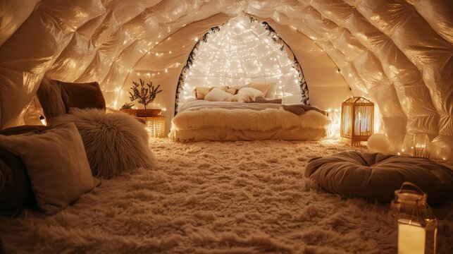 An interior view of an igloo showing soft furs and warm lighting creating a snug and inviting atmosphere