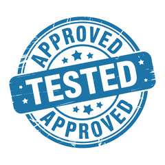 blue circular stamp with approved and tested text stars and a ribbon design © motiur vector artist