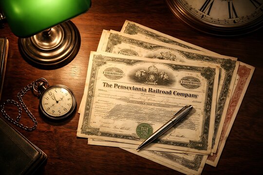 Vintage Pennsylvania Railroad Stock Certificates on a Wooden Desk with Banker's Lamp and Pocket Watch