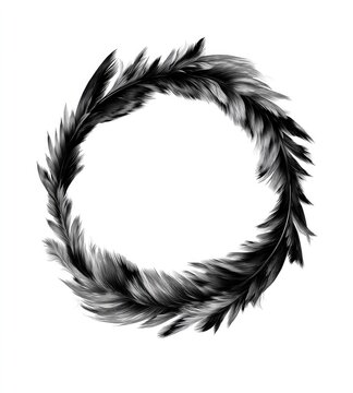 Artistic, monochrome feather wreath. Detailed black and white artwork creates a delicate circular frame