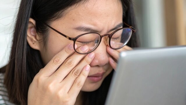 Asian woman experiencing eye strain from computer screen glare home office health concerns close-up view