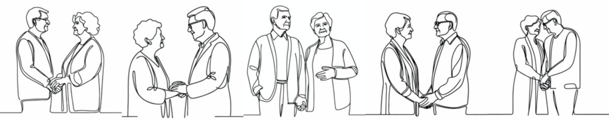 line art half body of an old couple holding hands lovingly