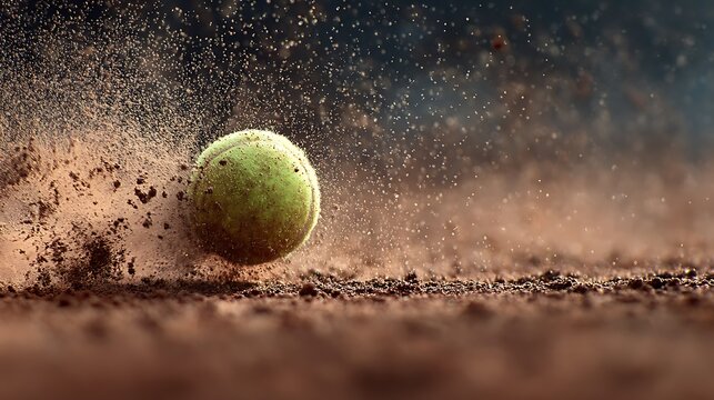 A dynamic shot of a tennis ball falling on a clay court with a dirt splash, evoking the thrill and intensity of competitive tennis.